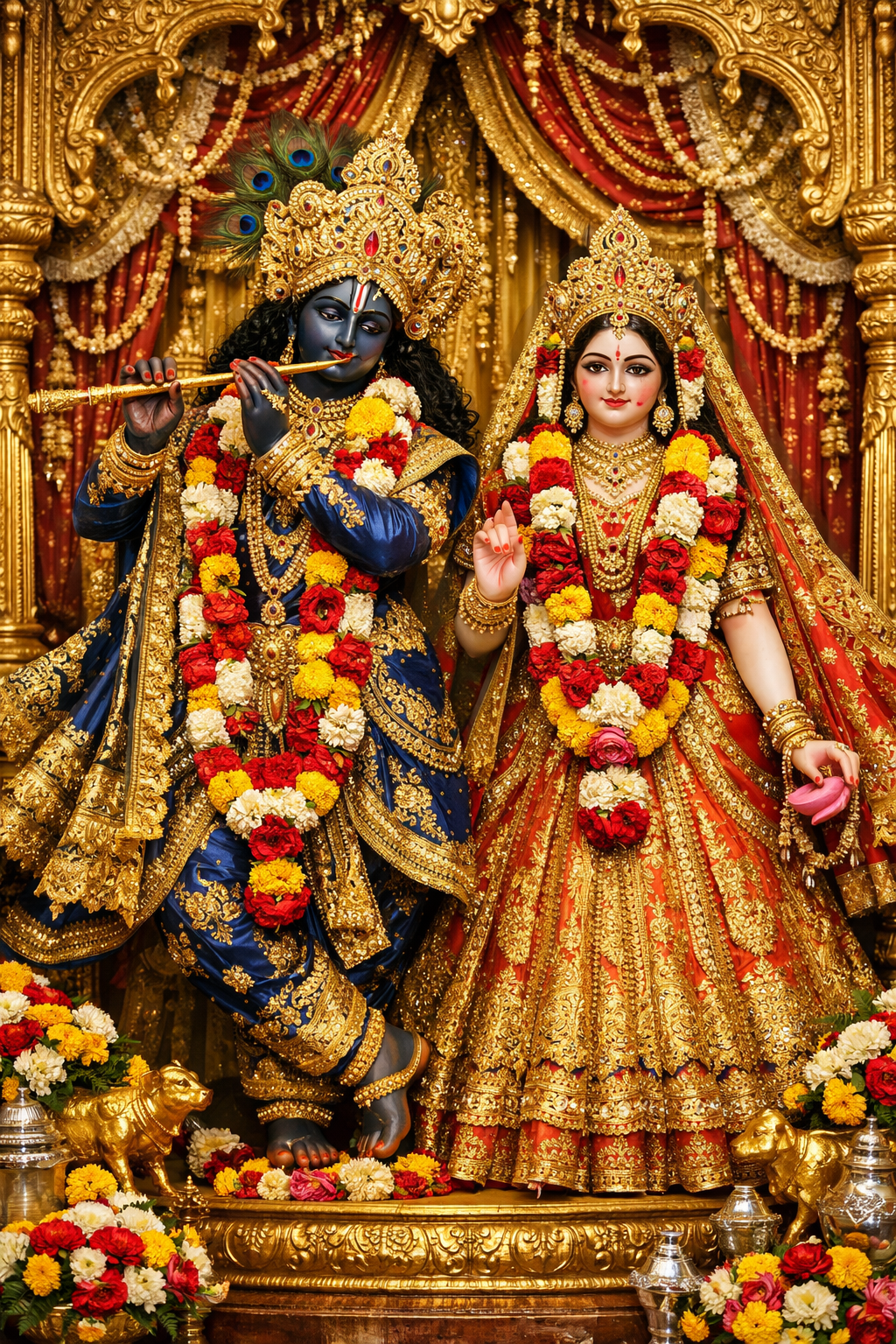 ISKCON style Radha Krishna deities in ornate silk outfits with golden crowns and flower garlands on decorated altar